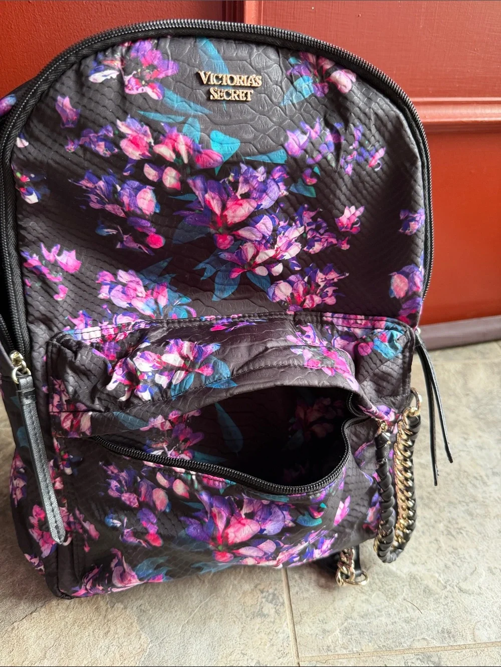 Victoria's Secret Black Floral Backpack with Gold Chain Accent